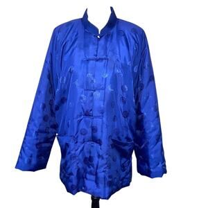 Vintage Blue Kimono Brocade Oriental Puffer Coat Smoking Jacket XL Chinese